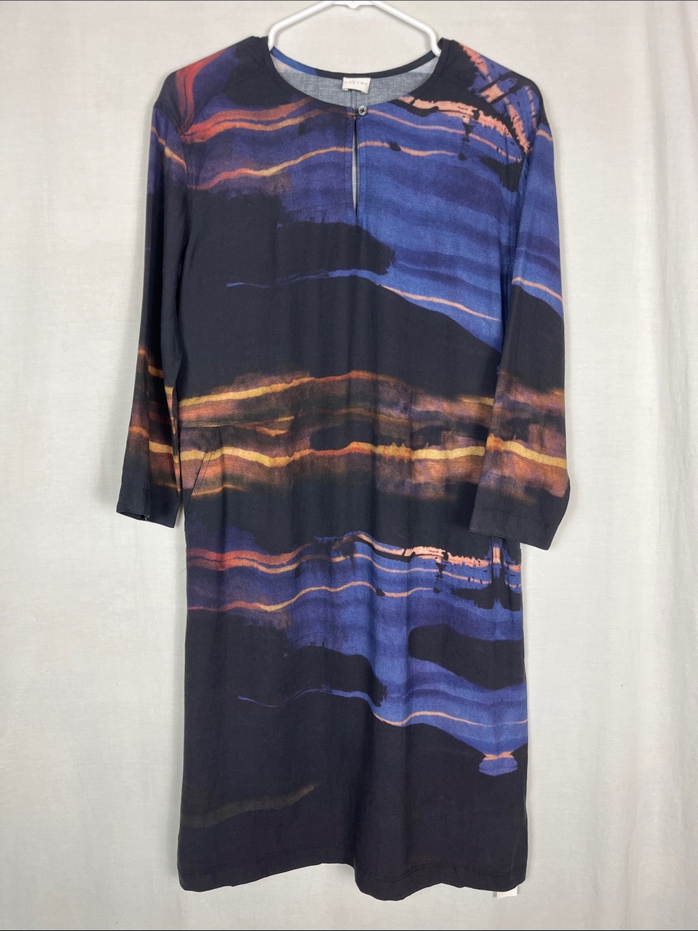 NWT Poetry Blue and Black Tencel Linen Blend 3/4 Sleeve Midi Dress